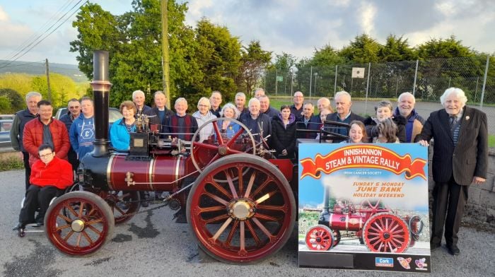 The 2024 Innishannon Steam and Vintage Rally was launched on May 13th. The event included Martin Desmond (chairperson), Mary Desmond (secretary), PJ Ryan and Bill O'Sullivan (joint treasurers), Nicola McMahon (Munster community fundraiser for the Irish Cancer Society), committee members and volunteers.