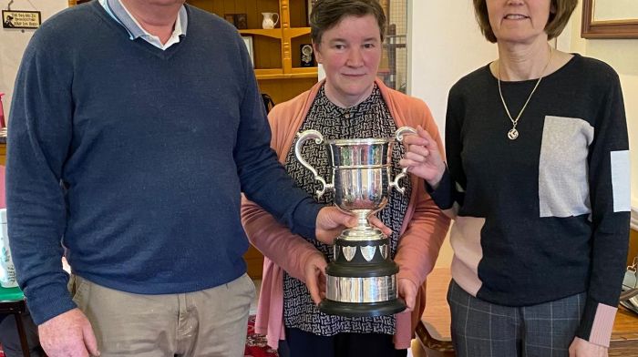 Clonakilty Bridge Club president, Paula O'Sullivan (centre), recently presented winners Gerard and Mary O'Driscoll with the Clonakilty Cup.