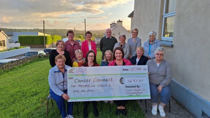 Claire Horgan (Corcoran) supported by the Castletown Ladies Club hosted a coffee morning in aid of Cancer Connect in February in the Castletown Kenneigh Hall and a sum of €5,691.05 was raised.  At the presentation of funds were: Tess Chambers, Claire Horgan, Helen O'Driscoll, Rose Cronin, Anne-Marie Cronin, Siobhan O'Sullivan, Ann O'Callaghan, Betty O'Sullivan, Nora O'Driscoll, Kathleen Crowley, Finbarr Corcoran, Sheila Foley, Breda Crowley and Ann Lordan. Missing from photo is Nuala Lordan, who is recently deceased.