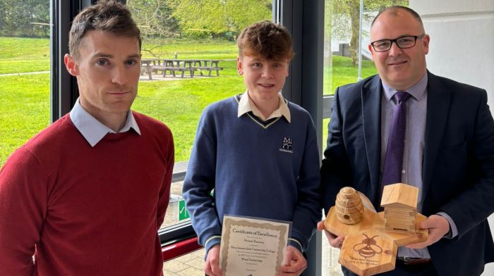 Michael Kearney from MICC Dunmanway with his teacher Adrian Hurley (left) and the school principal Niall Murphy (right).  Michael was presented with a certificate from the Techno Teachers Association of Ireland for coming joint top tenth in wood technology in the country which is a remarkable achievement.