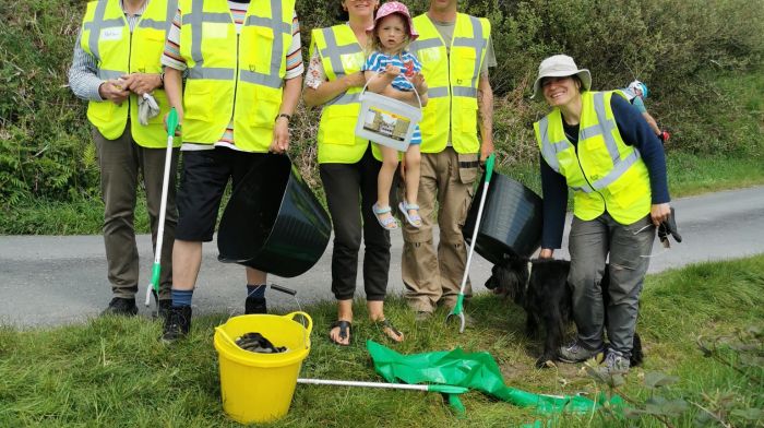 Ballydehob Tidy Towns organised a beach clean at Rossbrin and helpers (from left):  Peter Hermle, Julian Deareon, Deirdre Davis with Alice, Joel Davis and Anke Eckardt all enjoyed the productive day.