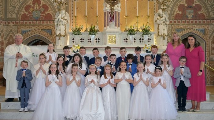 Pupils of Barryroe National School that received the Sacrament of First Holy Communion in the Church of Our Lady, Star of the Sea, Barryroe on Saturday last.  Also included are (from left): Fr Dave O’Connell, Orla Whelton, school principal and Karen Hickey, class teacher.  (Photo: Martin Walsh)