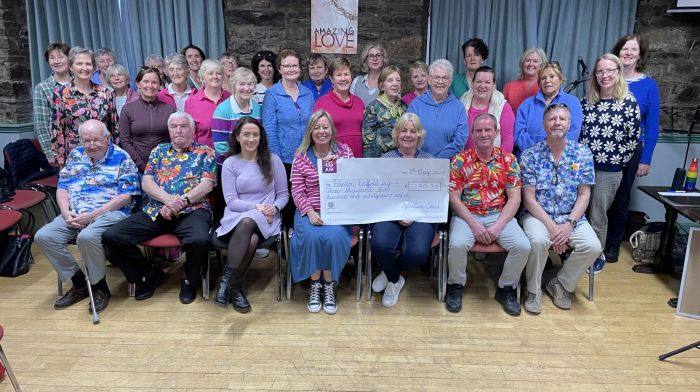 The Glaslinn Choir recently presented a cheque for €3,290.30 to the Daffodil Day committee, the proceeds of their Daffodil Day concert held at the Munster Arms. Included in the photo are Isla Jeffers (chairperson, Glaslinn Choir), Mary O’Brien (chairperson, Daffodil Day committee), Sarah O’Mahony (soloist), Antoinette Baker (Glaslinn choir musical director) and members of the Glaslinn Choir and Valley Voices.