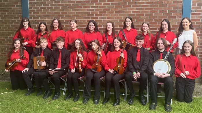 Craobh na Dúglaise's grúpa cheoil (15 to 18) after they competed in the County Fleadh Cheoil in Douglas with their teacher Muireann Hickey.