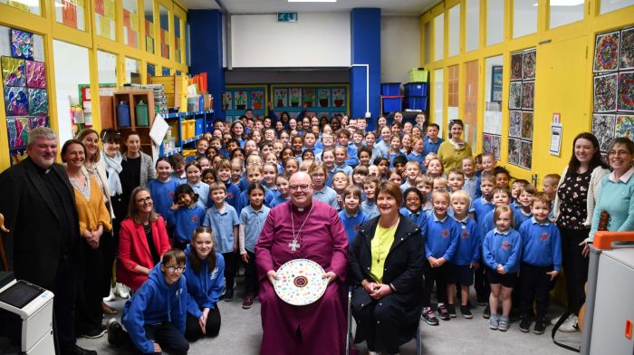 Bishop Paul Colton, along with his wife Susan, received a great reception from the pupils and staff at Abbeystrewry National School in Skibbereen where he was presented with a beautiful handcrafted pottery plate with the fingerprint of every child and adult in the school to celebrate his Silver Jubilee as Bishop of Cork, Cloyne and Ross.  (Photo: Anne Minihane)