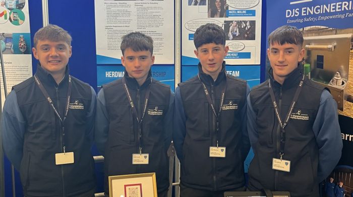 David Forde, Jack Good, Sean Dineen and John Quinn with their device that will make calf dehorning safer.