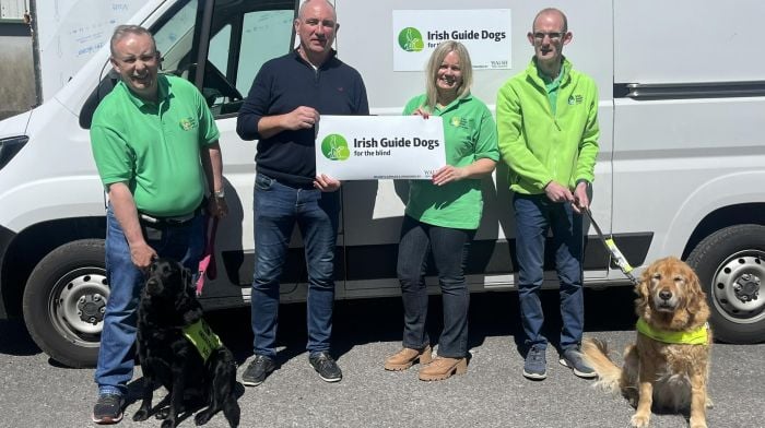 The Kinsale branch was presented with magnetic signs for the Irish Guide Dogs vans which were supplied and sponsored by Robert Walsh at Walsh Print and Graphics Clonakilty. From left: Liam Hennessy with ambassador dog Peppa, Robert Walsh from Walsh print and Graphics Clonakilty, Geraldine Hennessy and Ken Walsh with working guide dog, Marley.