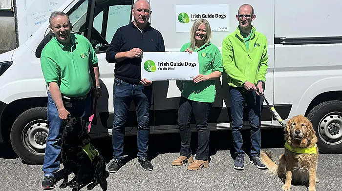 The Kinsale branch was presented with magnetic signs for the Irish Guide Dogs vans which were supplied and sponsored by Robert Walsh at Walsh Print and Graphics Clonakilty. From left: Liam Hennessy with ambassador dog Peppa, Robert Walsh from Walsh print and Graphics Clonakilty, Geraldine Hennessy and Ken Walsh with working guide dog, Marley.
