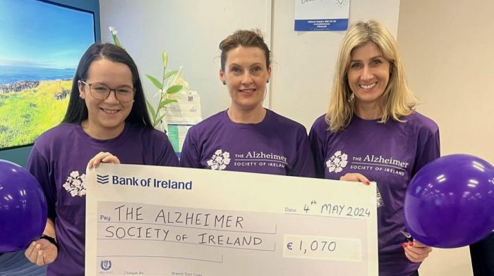 Bank Of Ireland Branches in West Cork recently ran a coffee morning in each of their branches to raise funds for their colleague Hazel O’Connell who will be running the  Dublin City Marathon in October.  Hazel is fundraising for a charity close to her heart, the Alzheimer’s Association of Ireland. Julie Murphy, Maria Foley and Hazel O’Connell at the coffee morning which raised a total of €1,070.