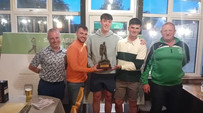 The winners of the Doheny/Sam Maguire annual golf classic which took place in Skibbereen Golf Club were Colin Farr, Darragh Kelly and Sean Dullea with (left) Neil Crowley, manager of Centra/Circle K who were the main sponsors and (right) club chairman Mark Farr.