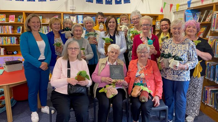 The Dunmanway Knit and Natter group, who meet at Dunmanway library, with Michelle O’Mahony of OM History Consultant who sponsored the best window display. The group won the specially commissioned slate trophy for their many Yoda knitted characters which were displayed in the library window and drew much attention over the course of the Feel the Force festival.