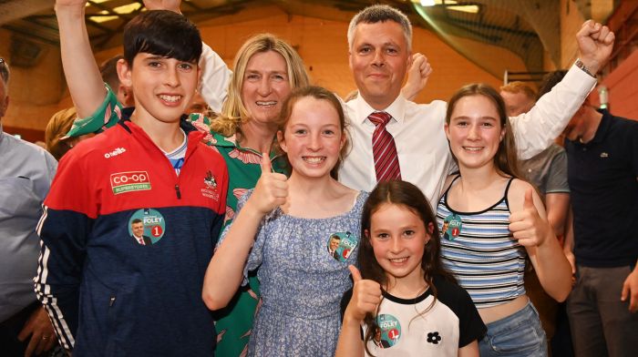 Fine Gael’s John Michael Foley from Timoleague, who was elected to the constituency of Bandon-Kinsale LEA for the very first time, celebrating with his wife Denise and their children (from left): Johnny, Maggie, Catherine and Ellen at the count centre in Clonakilty.  (Photo: Martin Walsh)