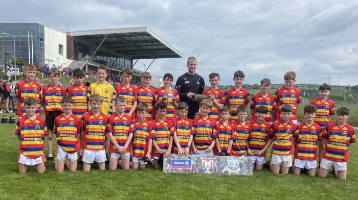 The winning footballers from Bishop Galvin Central School who won the Sciath na Scol football final last week.