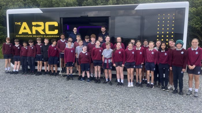 Pupils from fifth and sixth class at Rath National School with the Aquaculture Remote Classroom (ARC) from BIM which taught the pupils all about aquaculture in Ireland.