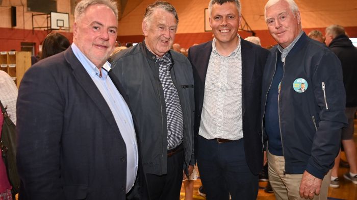 Timoleague’s John Michael Foley (second from right), who was elected to the constituency of Bandon-Kinsale LEA for the very first time with (from left): John O’Brien (Baryroe), Padraig Fleming (Courtmacsherry) and Edward McSweeney (Timoleague) at the count centre in Clonakilty.  (Photo: Martin Walsh)