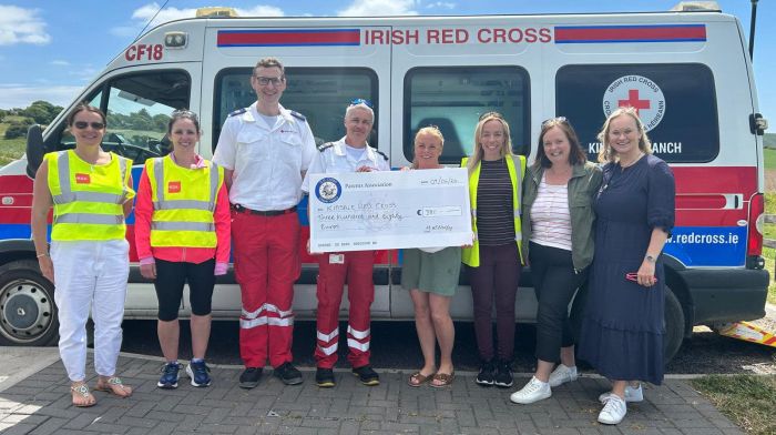 Pupils and staff at Summercove National School raised €380 for the Irish Red Cross Kinsale branch by having a fundraising day at Madden Park. At the cheque presentation were (from left): Michelle O’Neill, Claire Coleman, Adam Bergin, Brian McCarthy, Emma O’Dowd, Mary McNally, Clare O’Sullivan and Kit Davies.