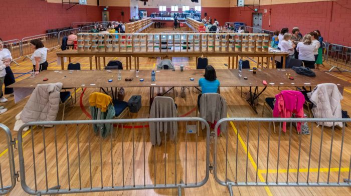 Clonakilty count centre staff waiting for the ballot boxes to arrive so they can begin the local election count.  (Photo: Andy Gibson)