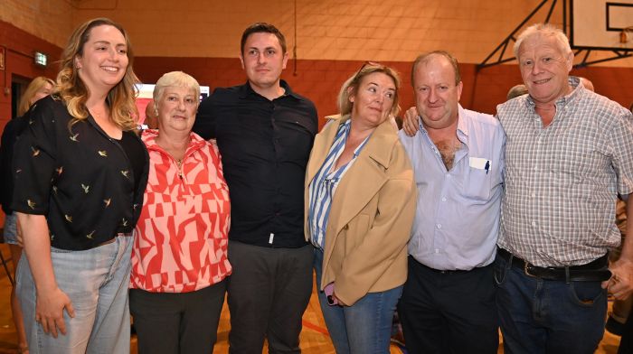 Independent Ireland's new councillor Daniel Sexton, third from left, with supporters and friends including party leader Michael Collins TD, second from right, at the count in Clonakilty. (Photo: Martin Walsh)