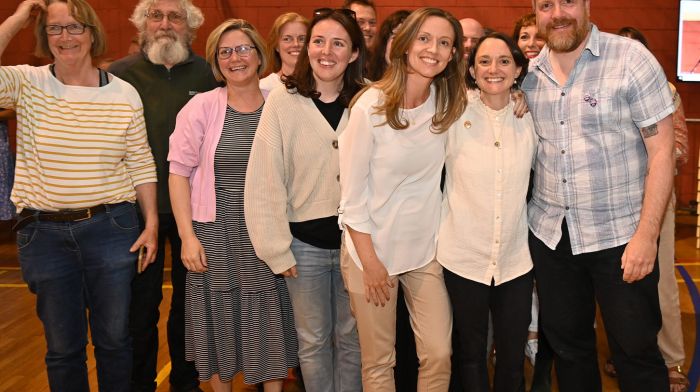 Social Democrat Isobel Towse (right) and party leader Holly Cairns wih their team following Isobel’s election to the constituency of Skibbereen-West Cork LEA.  Photo: Martin Walsh.