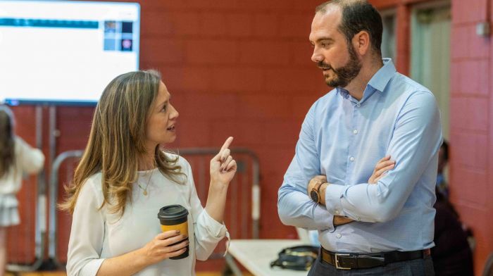 Clonakilty, West Cork, Ireland. 9th Jun, 2024. Social Democrats Leader Holly Cairns TD and Fine Gael candidate Noel O'Donovan at Clonakilty Count Centre this morning. Picture: Andy Gibson.