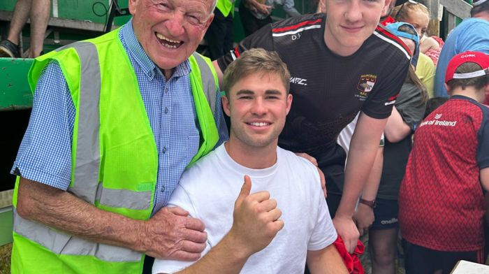 NEWS 2/6/2024 Pictured at Innishannon steam and vintage Rally rally was John Kelleher PRO with his grandson Darragh Hanlon and Munster and Ireland Rugby star and show opener Jack Crowley. Picture Denis Boyle