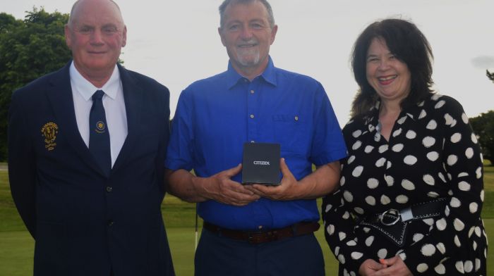 The men's captain's prize to members took place over the bank holiday weekend at Skibbereen and West Carbery Golf Club. An enjoyable event of music followed the presentation of prizes. From left: Captain Brian Herraghty with winner Gearoid MacEoin and Bridget Herraghty.