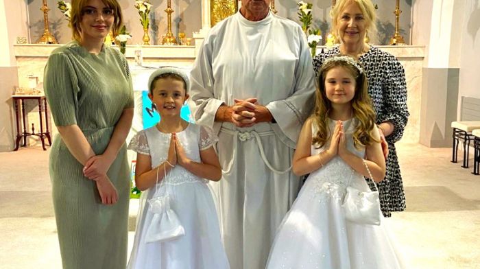 Pupils of Rusnacahara National School in Ahakista, Maggie O'Brien and Ciara Daly, received their First Holy Communion in Church of Mary, Star of the Sea, Kilcrohane recently with celebrant Fr John C O'Donovan and school staff Lauren Wall and Maureen Arundel.