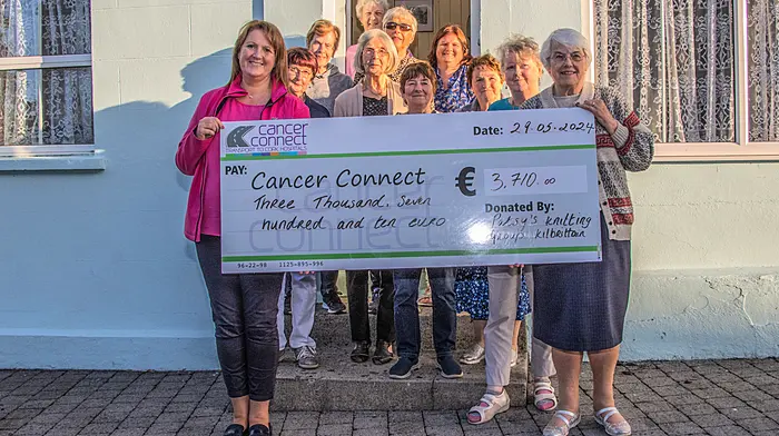 Patsy Northridge has a circle of friends that meet up on a weekly basis to do knitting and crochet work. Now a yearly event, a chosen charity benefits from their labour and skills. The actual items are donated to various charities and the money comes from those that attend her open day and subsequent donations. This year's nominated charity was Cancer Connect and Helen O'Driscoll (front left) was on hand to accept the cheque for €3,710.00 from members of the Patsy Knitting Group.   (Photo: Gearoid Holland)