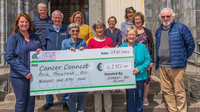 Beara’s Got Talent raised an incredible €4,150 for Cancer Connect. At the presentation of funds were (back, from left): Brendan O’Driscoll, Moira Duncan, Deirdre Minihane and Marese O’Driscoll.  Front (from left): Helen O’Driscoll, Denis O’Shea, Marlene Fitzpatrick,  Marie O’Connor, Mary O’Connor, Suzanne McCloskey and Michael Downey. (Photo: Anne Marie Cronin)