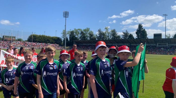 Pupils representing Rath National School during the Sciath na Scol parade at half time of the Cork versus Donegal match included (from left): Darragh Murphy, Ferdinand O’Driscoll, Charlie Cottrell, Bill O’Driscoll, Theo Best, Fionn Daly, Senan Whooley, Paddy Sheehy, Kingsley Crosby and Fiachra Garrett.