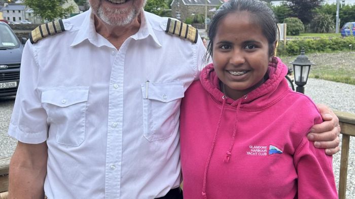 Captain Gerry Burns thanking Kara Kelleher for her fundraising efforts towards Union Hall RNLI for the month of May.  Kara donated money from the sale of her hen’s eggs for the month to the RNLI campaign.