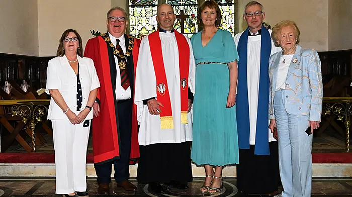 Reverend Kingsley Sutton, who celebrated his twenty-fifth anniversary of his ordination to the priesthood at Kilgarriffe Church, Clonakilty last Sunday with (from left): Rose Hinchy, Chris Hinchy (mayor of Clonakilty), Daphne Sutton, Gordon Coombes (diocesan reader) and Noreen Minihan. (Photo: Martin Walsh)