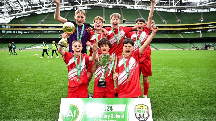 The winning Gaelscoil Cionn tSáille soccer team who won the B FAI Primary 5s in the Aviva Stadium in Dublin last week. Back (from left): Donnacha O’Sullivan, Steve Barlow, Noah Lee and Cian Duke. Front (from left): Tom O’Keeffe, Johnny Healy and Jack McCarthy.