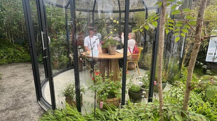 Kinsale garden designer Hendrik Lepel talking to The Southern Star editor Siobhán Cronin at the Bord Bia Bloom festival in the Phoenix Park where Hendrik won the silver medal for his Sun Harness Garden which is sponsored by Peppermint Farm Glasshouses. It is an educational space, demonstrating how to create a microclimate within any Irish garden by harnessing the sun’s energy.  A sun-rotating glass pavilion bridges the gap between indoor comfort and the outdoors.