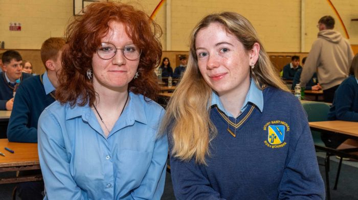 Molly Cadogan and Cliona Crowley, Leaving Cert students from Mount St Michael in Rosscarbery, ahead of starting their final exams on Wednesday which began with an English paper.   (Photo: Andy Gibson)