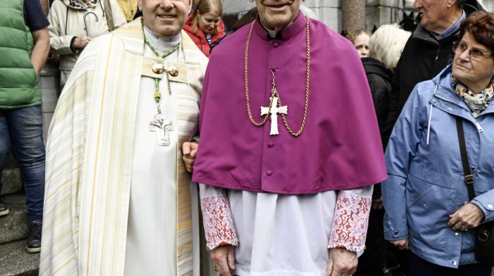 Bishop John Buckley from Incigheela at the 98th annual Eucharistic procession in Cork city with his successor Bishop of Cork and Ross, Fintan Gavin. (Photo: Brian Lougheed)