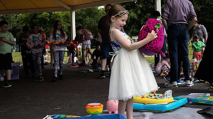 Sophia Rice finding a new furry friend at a special toy swap event in Carrigaline Park at the launch of Ireland’s first digital Toy Library. The initiative aims to revolutionise the way families and children access toys in communities across Ireland and offers a free way for families to refresh toy collections without spending money and to reduce waste by giving unwanted toys a new lease of life.  (Photo: Clare Keogh)