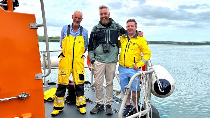 Christopher O’Sullivan TD attended the Courtmacsherry Lifeboat open day on Sunday where he chatted to station mechanic Chris Guy (left) and deputy launch authority Dan Daly.