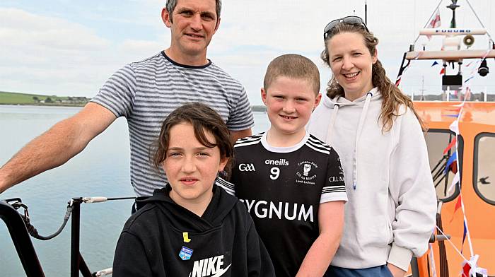 The O’Leary family from Kilnamartyra (from left): Colm, Fia, Colm Óg and Sinead at the Courtmacsherry RNLI open day last Sunday where they went aboard the RNLB Shannon-class Val Adnams.  (Photo: Martin Walsh)