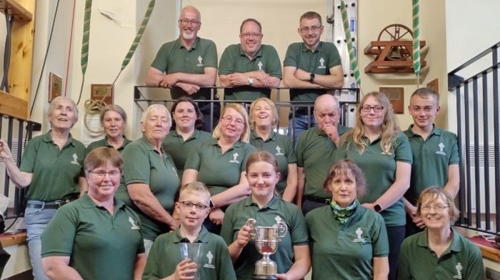 Members displaying the Fred Bogan Cup and the Cherry Cup. Back (from left) Dean Cliff Jeffers, Rev Adam Pullen and Nathan Kingston. Middle (from left) Carmel Foynes, Marja van Maanen, Betty Kingston, Chloe O’Callaghan, Suzanne Murphy, Margaret Hennessy, Sam Jennings, Shanice Kingston and Killian Kingston.  Front (from left) Eunice Jeffers, Kelvin Kingston, Richelle Kingston, Ann Sweetnam and Valerie Jennings.