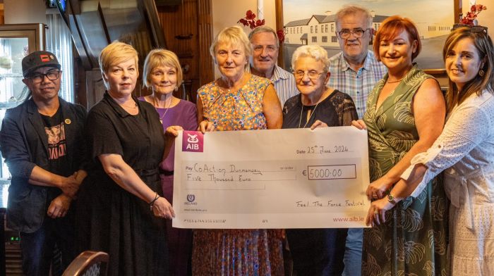 A cheque for €5,000 was presented to CoAction Dunmanway last Tuesday at the Parkway Hotel. The funds were the proceeds of the very successful Feel the Force festival which took place on the June bank holiday weekend. At the presentation was  (front, from left) Nuri Albakri with his wife Caroline, Jo McSweeney, Enid Chambers, Irene Kingston, Catherine Crowley and Michelle O’Mahony. Back (from left) Reggie Chambers and Pat Holland.