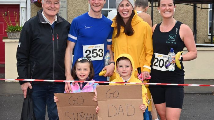 Courtmacsherry’s Eoin O’Donovan (No 253) was the top local finisher (36th) in last Friday’s Courtmacsherry 10km race. Eoin celebrated with his family (from left) Gerald, Ebbie, Ben, Aoife and friend Rachel Ryan.  (Photo: Martin Walsh)