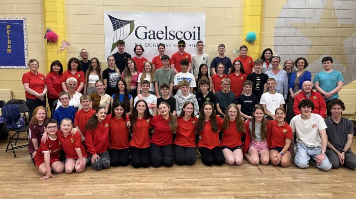 Douglas Comhaltas musicians and committee members with their guests, students and teachers from Friesland, Northern Netherlands last Monday evening at Gaelscoil na Dúglaise.