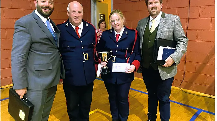 Pat O’Driscoll, bandmaster of St Fachtna’s Silver Band, and his daughter Aime O’Driscoll, on xylophone, with adjudicators, Dr Tom Davoren and Dr Brett Keating. The band were awarded 2nd place in the junior category and Amie was awarded the Jack O’Mahony Cup, best musicianship award, for her xylophone solo.