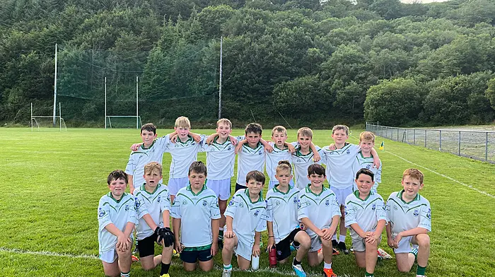 The U11 boys who played a great match against Kilmacabea last week in Leap. Back left to right: Conor Duggan,  Ian Fitzgerald, Fionn Daly,  Jack O'Driscoll, Charlie Crowley, Oran Keane, Cathal Ronan, Darragh Murphy. 
Front left to right: Stephen O'Mahony, Hugo O'Driscoll, Shane Duggan, Sebastien O'Regan, Luca Perry Clarke, Jimmy McDonagh, Liam O'Neill, Conor O'Sullivan.