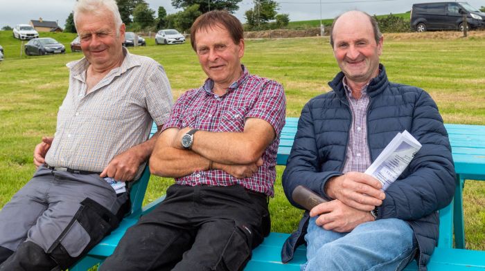 Enjoying the racing at the Richard Phelan Memorial Day Harness Racing were Donal O'Callaghan, Schull; Finbarr O'Callaghan, Schull and Ger Hegarty, owner of the land where the harness racing was taking place. (Photo: Andy Gibson)