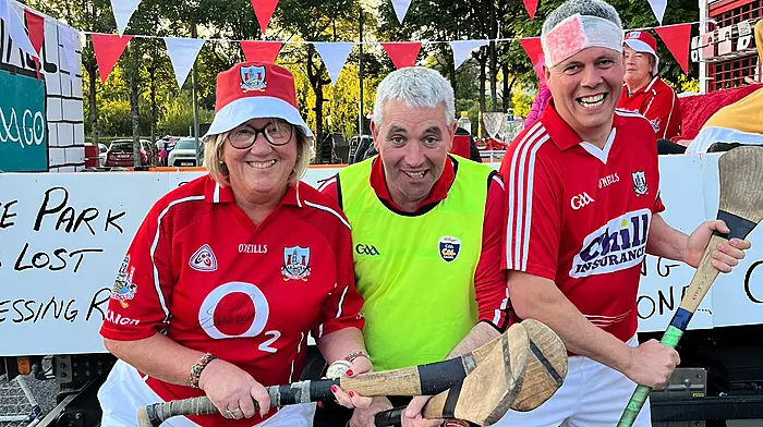 The Fine Gael team were in Cork colours at the Fancy Dress Parade in Bandon last Saturday night:  Cllr Marie O’Sullivan, Senator Tim Lombard, and Cllr John Michael Foley.