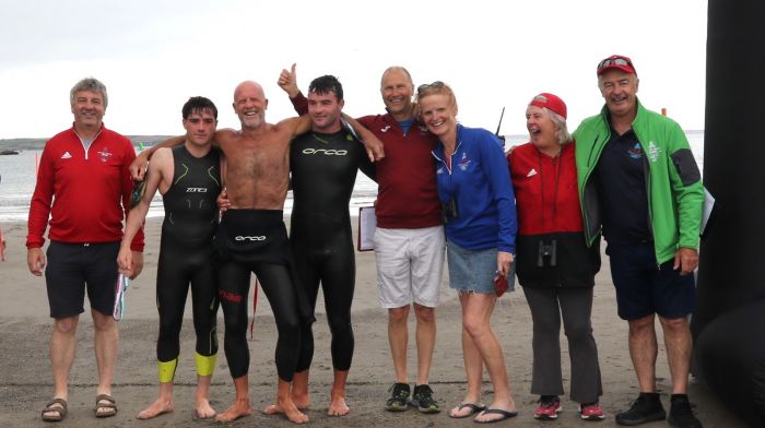 First past the post at the Galley Head Swim in an amazing 2 hours 31 minutes was the  relay team D'Nevills, featuring Thomas and his two sons Grattan and Finian. From left: Geoff Wycherley, Finian Neville, Thomas Neville, Grattan Neville, Tony Rafferty, Margaret Deegan, Jackie Neville and Justin Crowley.