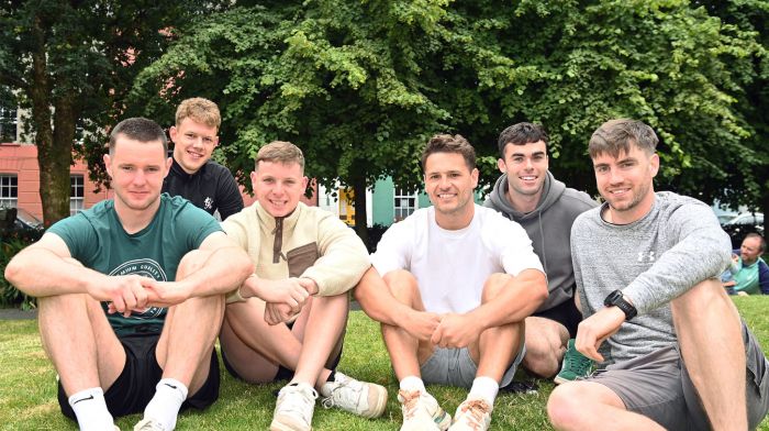 Enjoying a catch-up in Kennedy Park were locals (from left): Maurice Shanley, Darragh Gough, Sean O’Donoghue, Eoghan Deasy, David Lowney and Duncan Lehane.  (Photo: Martin Walsh)