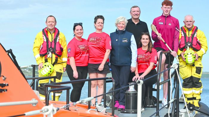 At the launch of the Great Wild Atlantic Marathon Walks on the pontoon in Courtmacsherry were (from left): Simon Locke, Elaine Kirby, Aoife Daly, Angela Veldman-O’Donovan, Jimmy Barry Murphy, Emma O’Donovan, Luke Murphy and Pat Lawton. The event from Courtmacsherry Bay to Inchydoney Bay will take place on Sunday August 11th. (Photo: Martin Walsh)